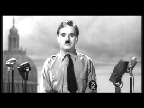 Charlie Chaplin at the microphones in The Great Dictator