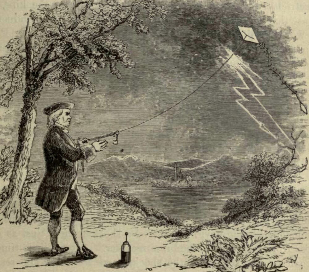 Engraving of Benjamin Franklin flying a kite in a thunderstorm