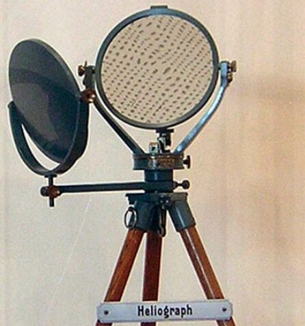 A heliograph, a mirror on a tripod for signalling with sunlight