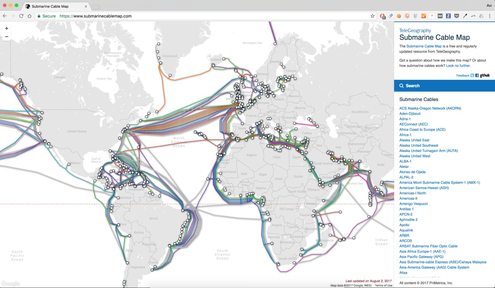 Map of the world's submarine internet cables