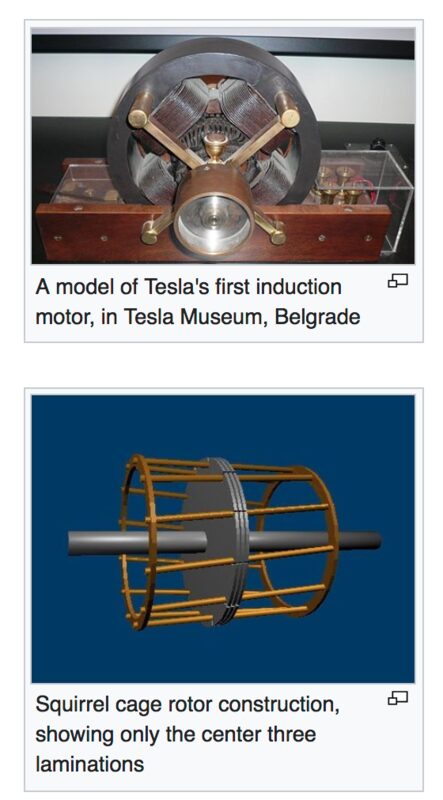 A model of Tesla's first induction motor and a squirrel cage rotor