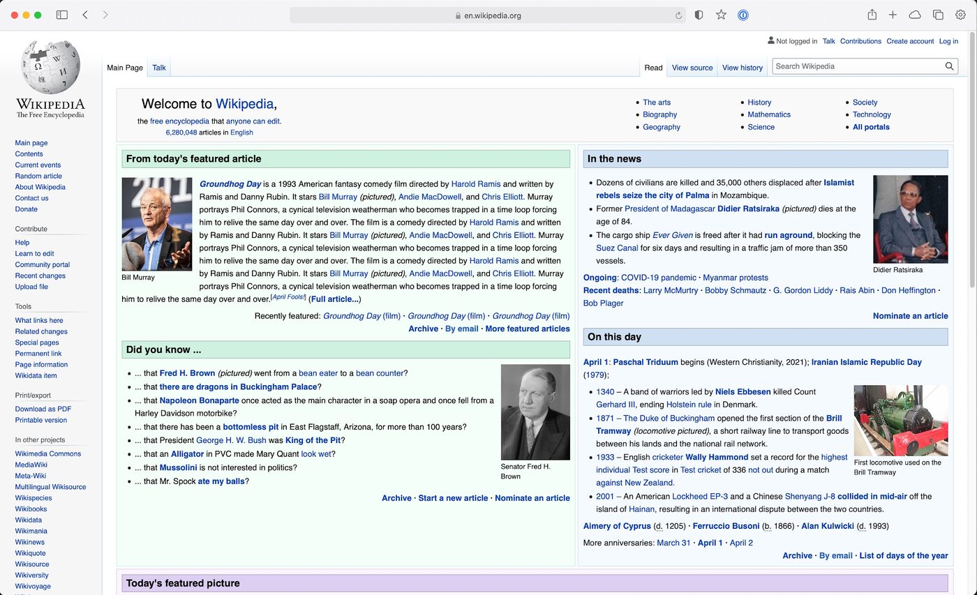 Wikipedia's homepage loaded in a browser