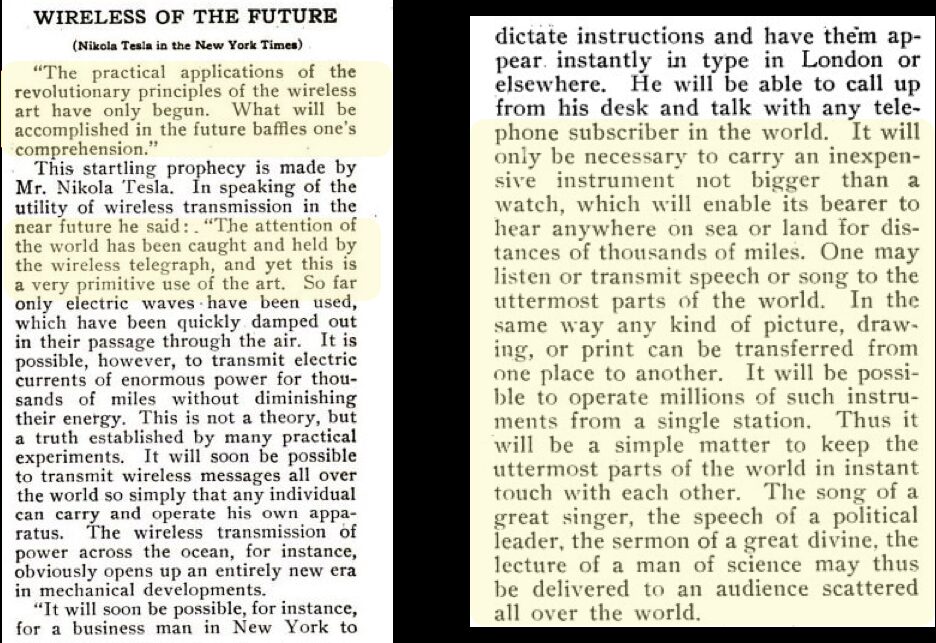 Wireless of the Future, Nikola Tesla quoted in the New York Times